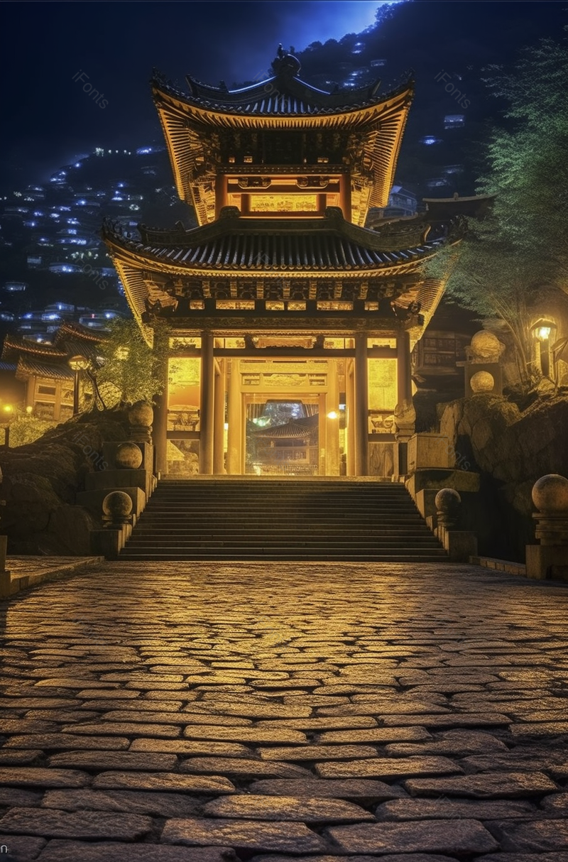 门亭夜景黄色灯光亮起灯火通明青石路拍摄,高清,摄影图,摄影图片,图片大全,摄影图免费下载